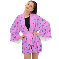 Blue Butterflies At Pastel Pink Color Background Long Sleeve Kimono by Casemiro