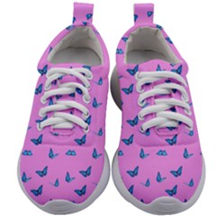 Blue Butterflies At Pastel Pink Color Background Kids Athletic Shoes by Casemiro