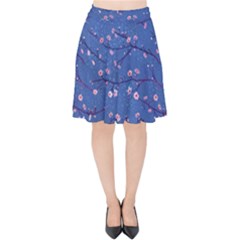 Branches With Peach Flowers Velvet High Waist Skirt by SychEva