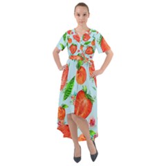 Juicy Blue Print With Watermelons, Strawberries And Peaches Front Wrap High Low Dress by TanitaSiberia