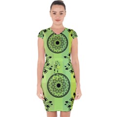 Green Grid Cute Flower Mandala Capsleeve Drawstring Dress  by Magicworlddreamarts1