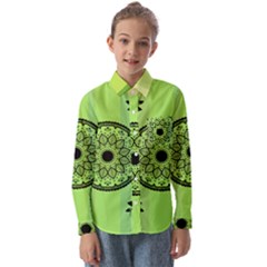 Green Grid Cute Flower Mandala Kids  Long Sleeve Shirt by Magicworlddreamarts1