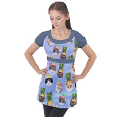 Cat Pineapples Cut Puff Sleeve Tunic Top by flowerland