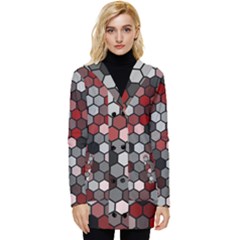 Hexagonal Blocks Pattern, Mixed Colors Button Up Hooded Coat  by Casemiro