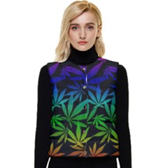 Weed Rainbow, Ganja Leafs Pattern In Colors, 420 Marihujana Theme Women s Short Button Up Puffer Vest by Casemiro