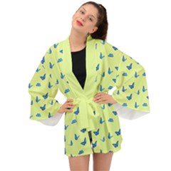 Blue Butterflies At Lemon Yellow, Nature Themed Pattern Long Sleeve Kimono by Casemiro