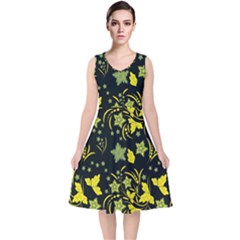 Folk Flowers Art Pattern Floral  Surface Design  Seamless Pattern V-neck Midi Sleeveless Dress  by Eskimos