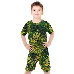 Root Humanity Bar And Qr Code Green And Yellow Doom Kids  Tee And Shorts Set by WetdryvacsLair