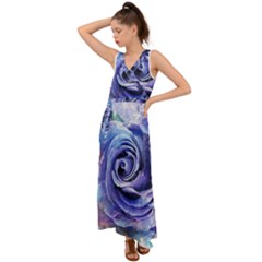 Watercolor-rose-flower-romantic V-neck Chiffon Maxi Dress by Sapixe