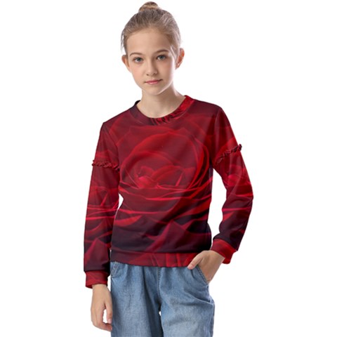 Rose-red-rose-red-flower-petals-waves-glow Kids  Long Sleeve Tee With Frill  by Sapixe