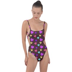 Colorfull Hearts On Choclate Tie Strap One Piece Swimsuit by Daria3107
