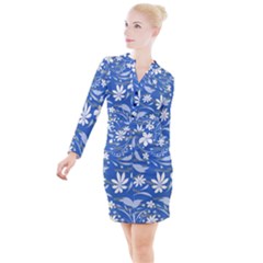 Folk Flowers Pattern Button Long Sleeve Dress by Eskimos