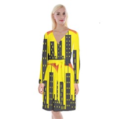 Skyline-city-building-sunset Long Sleeve Velvet Front Wrap Dress by Sudhe