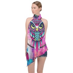 Owl Dreamcatcher Halter Asymmetric Satin Top by Sudhe