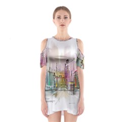 Drawing-watercolor-painting-city Shoulder Cutout One Piece Dress by Sudhe