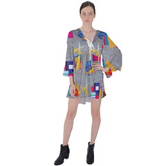 80s And 90s School Pattern V-neck Flare Sleeve Mini Dress by NerdySparkleGoth
