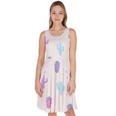 Purple And Blue Cacti Knee Length Skater Dress With Pockets by SychEva