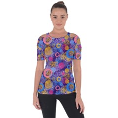 Multicolored Splashes And Watercolor Circles On A Dark Background Shoulder Cut Out Short Sleeve Top by SychEva