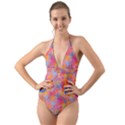 Multicolored Splashes And Watercolor Circles On A Dark Background Halter Cut-Out One Piece Swimsuit View1