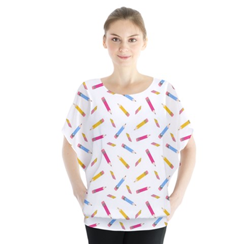 Multicolored Pencils And Erasers Batwing Chiffon Blouse by SychEva