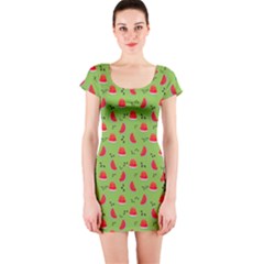 Juicy Slices Of Watermelon On A Green Background Short Sleeve Bodycon Dress by SychEva