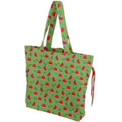 Juicy Slices Of Watermelon On A Green Background Drawstring Tote Bag by SychEva