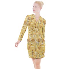 Folk Flowers Pattern  Button Long Sleeve Dress by Eskimos