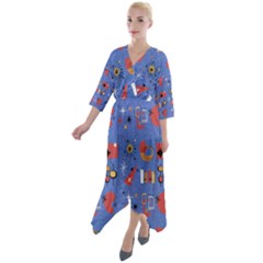 Blue 50s Quarter Sleeve Wrap Front Maxi Dress by NerdySparkleGoth