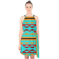 Shapes On A Blue Background Halter Collar Waist Tie Chiffon Dress by LalyLauraFLM