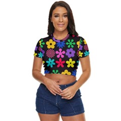 Colorful Flowers On A Black Background Pattern                 Side Button Cropped Tee by LalyLauraFLM