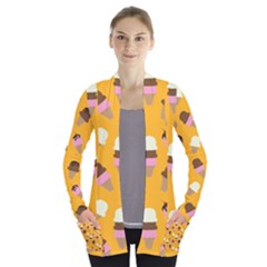 Ice Cream On An Orange Background Pattern                                                            Women s Open Front Pockets Cardigan by LalyLauraFLM