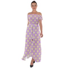 Yellow Hearts On A Light Purple Background Off Shoulder Open Front Chiffon Dress by SychEva