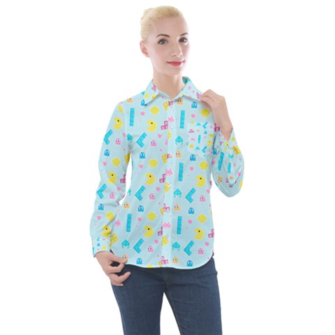 Arcade Dreams Blue  Women s Long Sleeve Pocket Shirt by thePastelAbomination