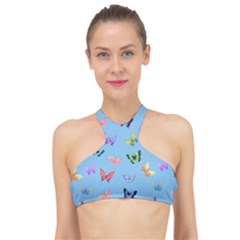 Multicolored Butterflies Whirl High Neck Bikini Top by SychEva