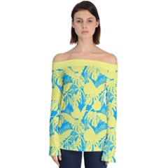 Yellow And Blue Leafs Silhouette At Sky Blue Off Shoulder Long Sleeve Top by Casemiro