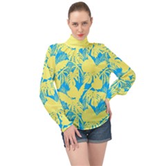 Yellow And Blue Leafs Silhouette At Sky Blue High Neck Long Sleeve Chiffon Top by Casemiro