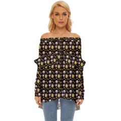 Shiny Pumpkins On Black Background Off Shoulder Chiffon Pocket Shirt by SychEva