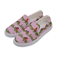 Bullfinches Sit On Branches On A Pink Background Women s Canvas Slip Ons by SychEva