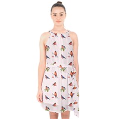 Bullfinches Sit On Branches Halter Collar Waist Tie Chiffon Dress by SychEva