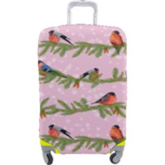 Bullfinches Sit On Branches On A Pink Background Luggage Cover (large) by SychEva