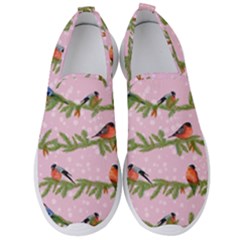 Bullfinches Sit On Branches On A Pink Background Men s Slip On Sneakers by SychEva