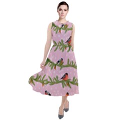 Bullfinches Sit On Branches On A Pink Background Round Neck Boho Dress by SychEva