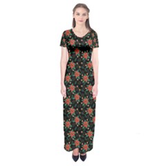 Medium Red Christmas Poinsettias On Black Short Sleeve Maxi Dress by PodArtist