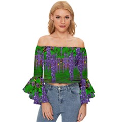 A Island Of Flowers In The Calm Sea Off Shoulder Flutter Bell Sleeve Top