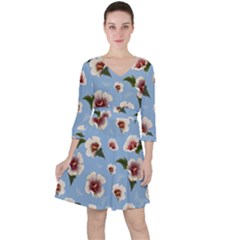 Hibiscus Flowers Quarter Sleeve Ruffle Waist Dress by SychEva