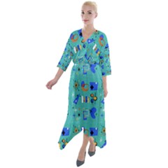 Green 50s Pattern Quarter Sleeve Wrap Front Maxi Dress by NerdySparkleGoth