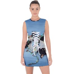 Christmas Cat Lace Up Front Bodycon Dress by Blueketchupshop