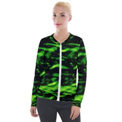 Green  Waves Abstract Series No3 Velvet Zip Up Jacket by DimitriosArt