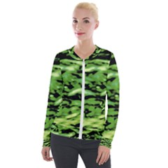 Green  Waves Abstract Series No11 Velvet Zip Up Jacket by DimitriosArt