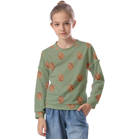 Pine Cones Green Kids  Long Sleeve Tee With Frill  by Littlebird